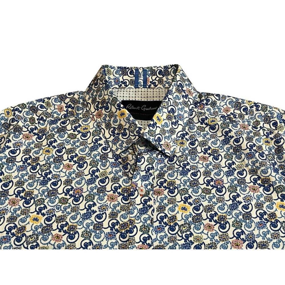Robert Graham Shirt Men 2XL White Floral Short Sleeve Flip Cuff Modern Americana
